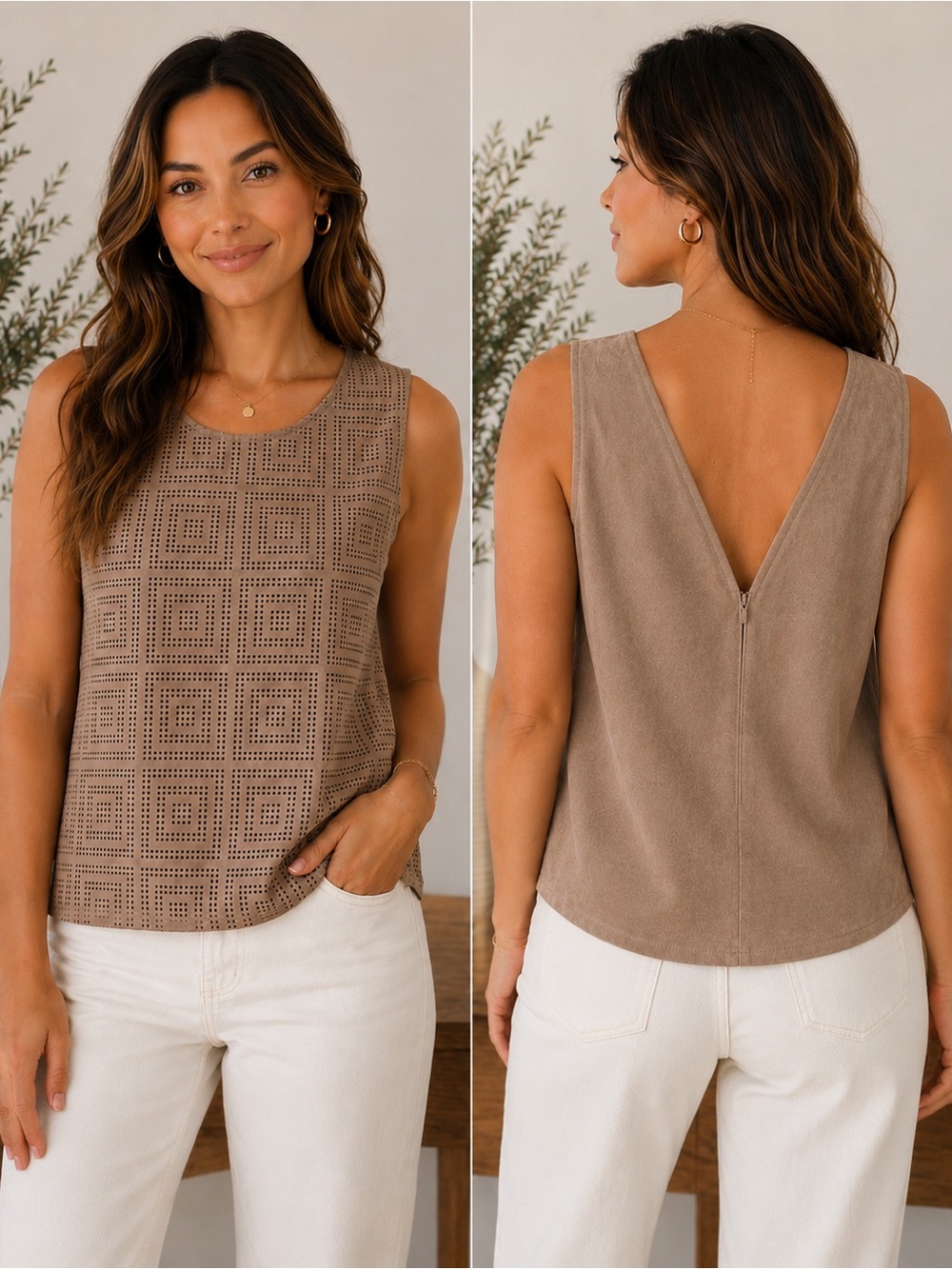 Neiman Marcus Beige/Tan Perforated Sleeveless Top